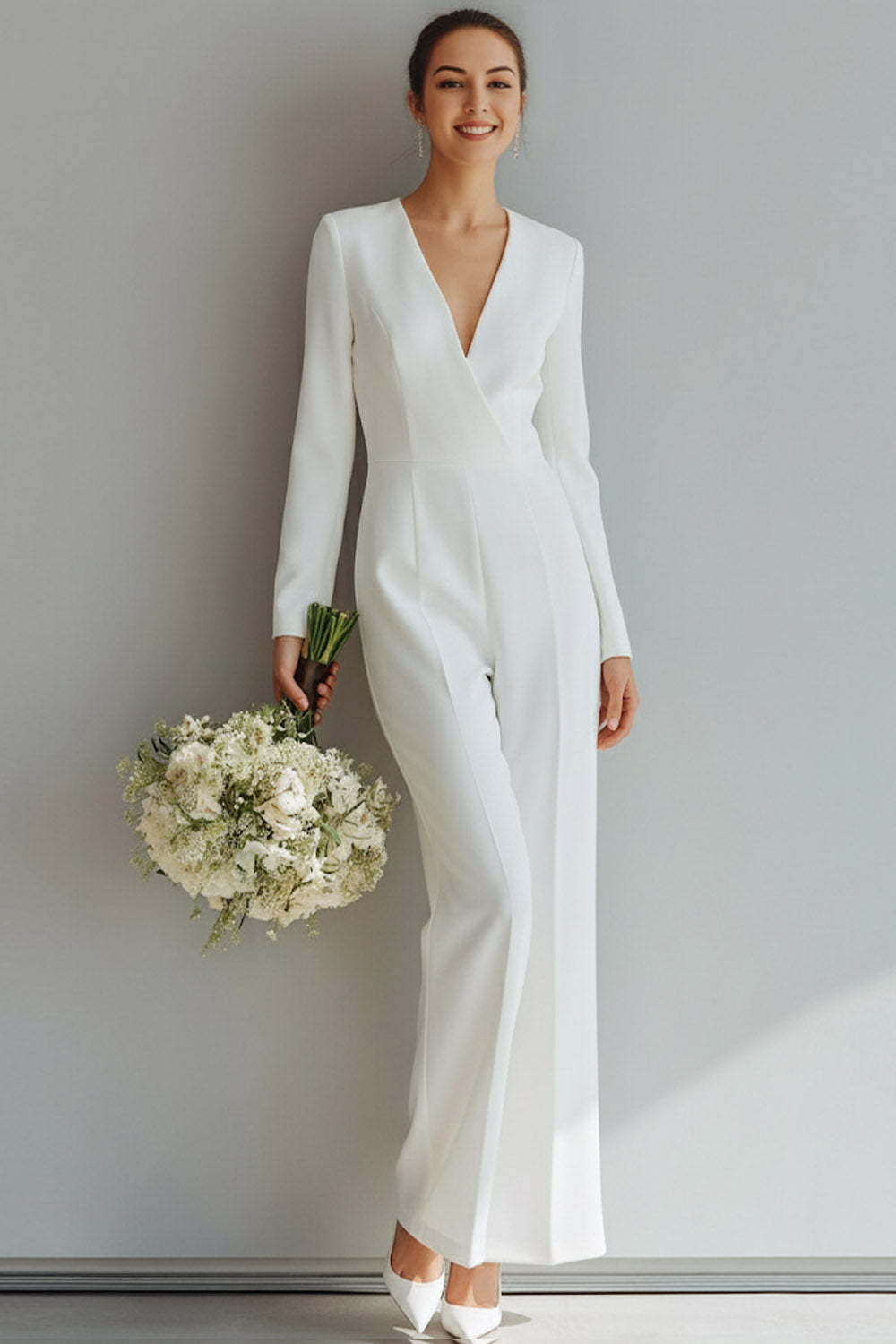 White V-Neck Long Sleeveless Formal Jumpsuits