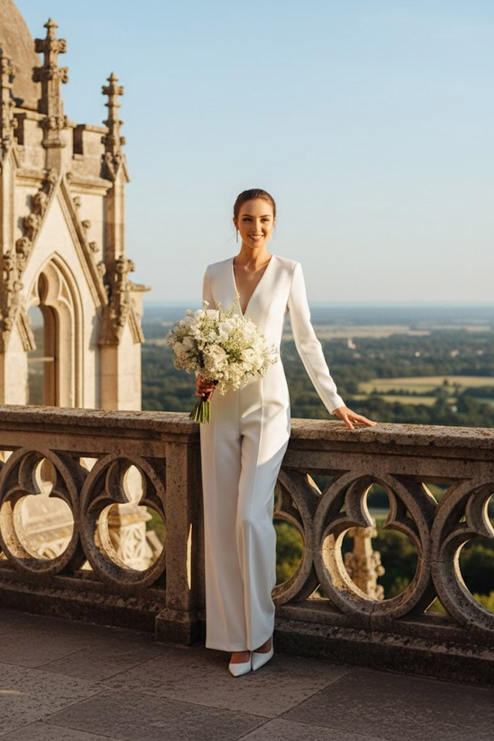 White V-Neck Long Sleeveless Formal Jumpsuits