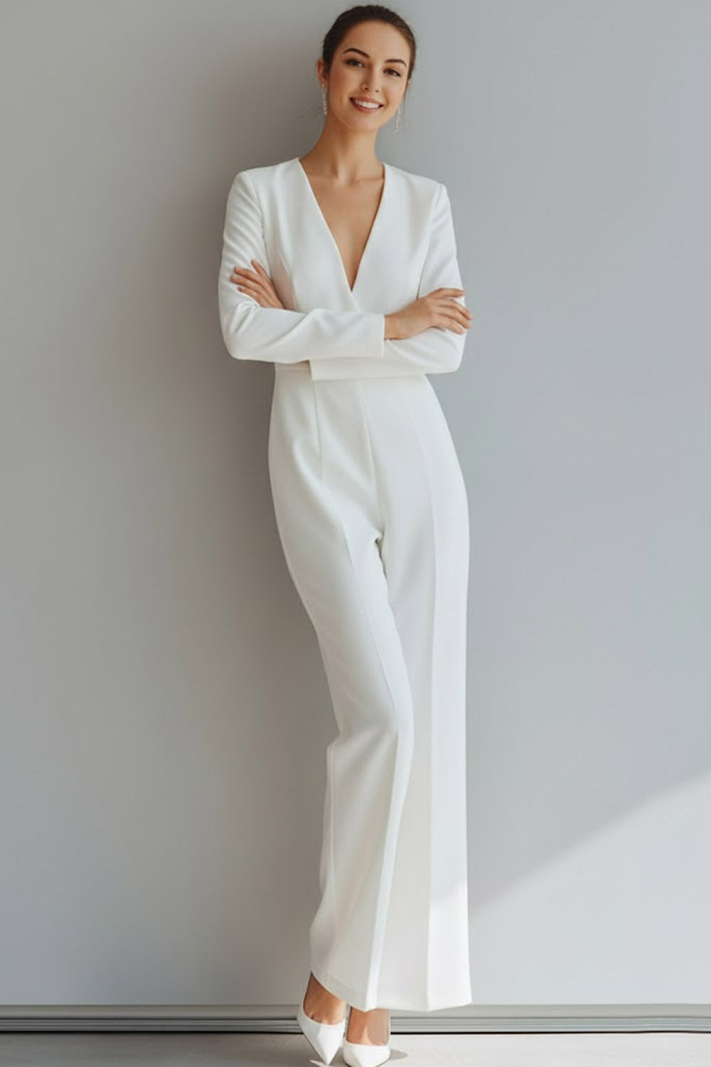 White V-Neck Long Sleeveless Formal Jumpsuits