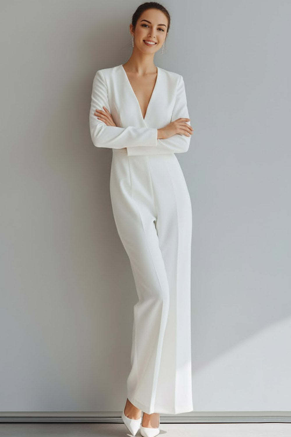 White V-Neck Long Sleeveless Formal Jumpsuits