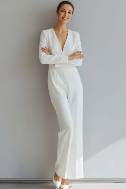 White V-Neck Long Sleeveless Formal Jumpsuits