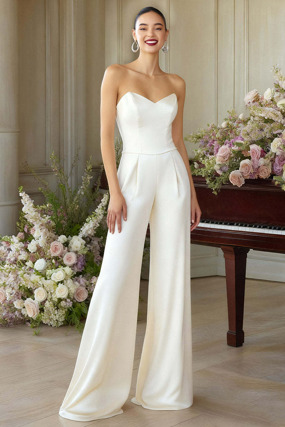 Leely Women White Sweetheart Formal Jumpsuits Wide Leg Sleeveless Bridal Jumpants