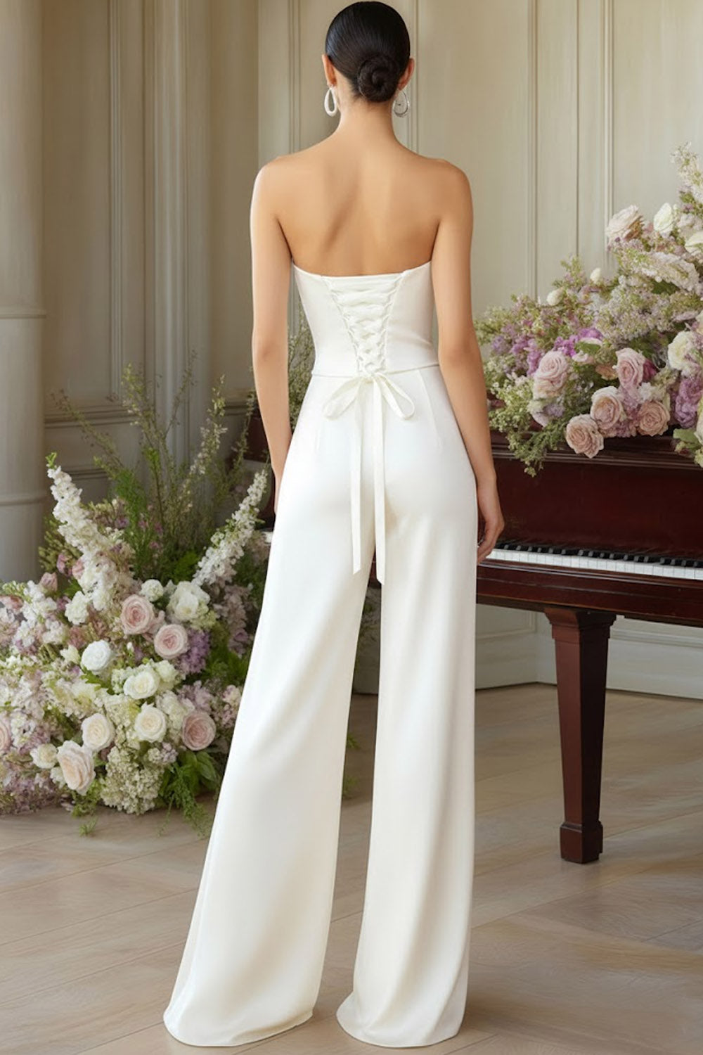 White Sweetheart Wide Leg Formal Jumpsuits