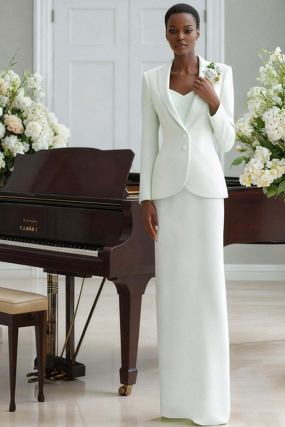 Leely Women 2 Piece White Formal Suits with Sleeves Notched Lapel Single Breasted Wedding Suits