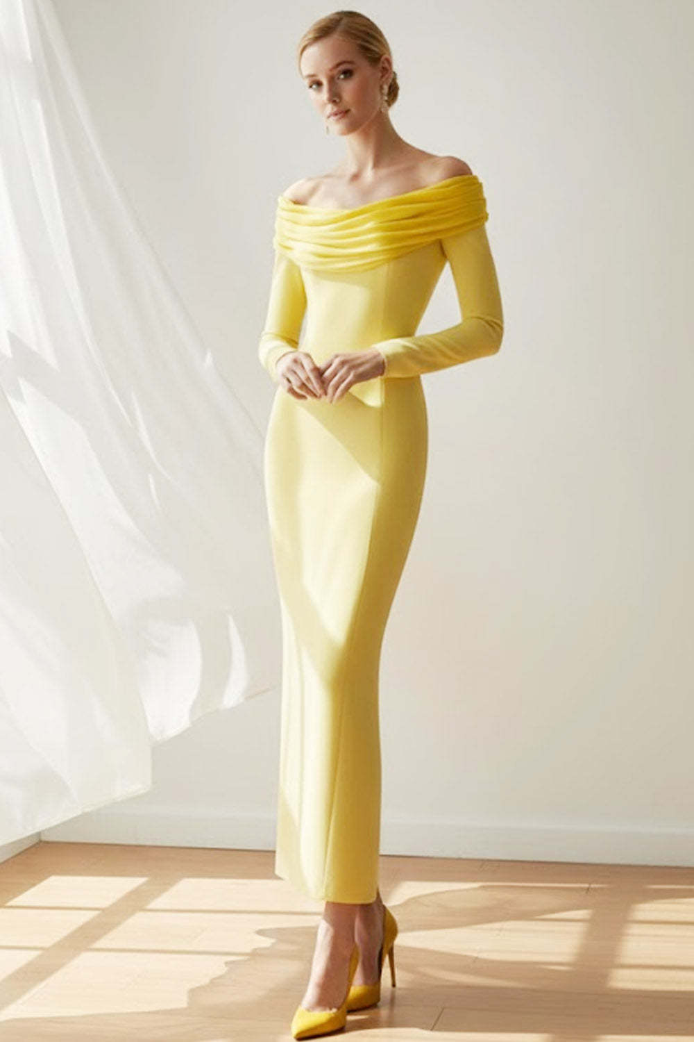 Leely Women Light Yellow Sheath Long Formal Dress with Sleeves Off the Shoulder Evening Dress