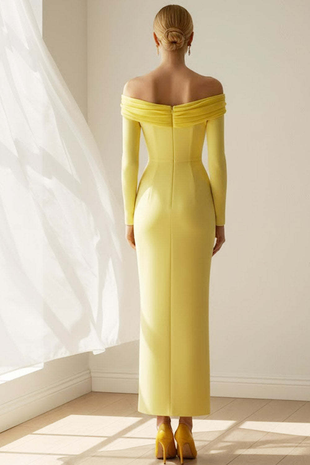 Light Yellow Off the Shoulder Sheath Long Formal Dress with Sleeves