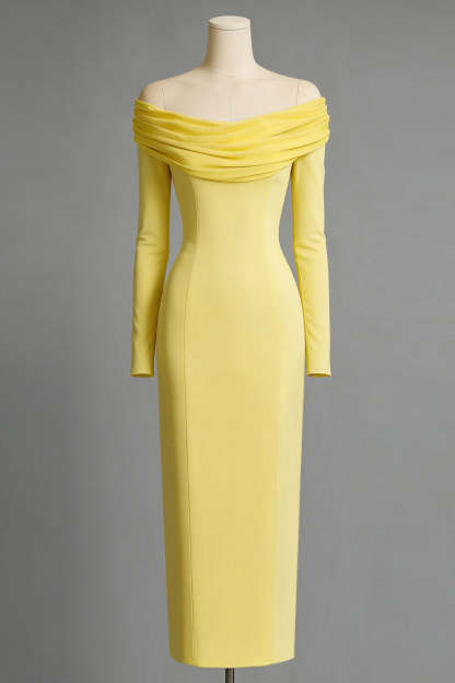 Light Yellow Off the Shoulder Sheath Long Formal Dress with Sleeves