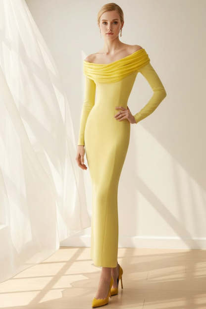 Light Yellow Off the Shoulder Sheath Long Formal Dress with Sleeves