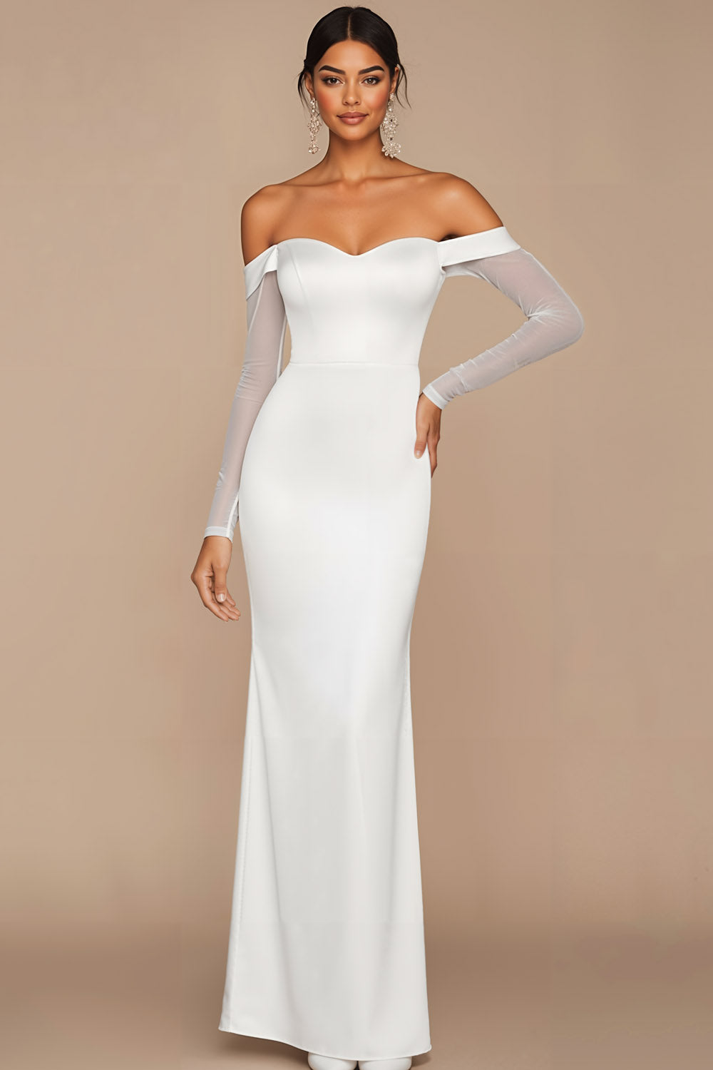 Leely Women White Long Formal Dress with Sleeves Sheath Off the Shoulder Evening Dress
