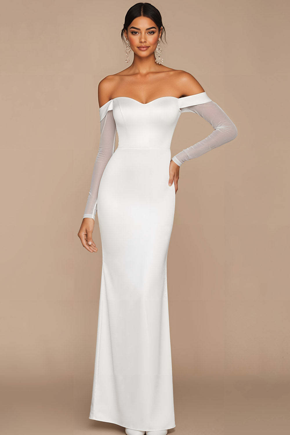 Leely Women White Long Formal Dress with Sleeves Sheath Off the Shoulder Evening Dress