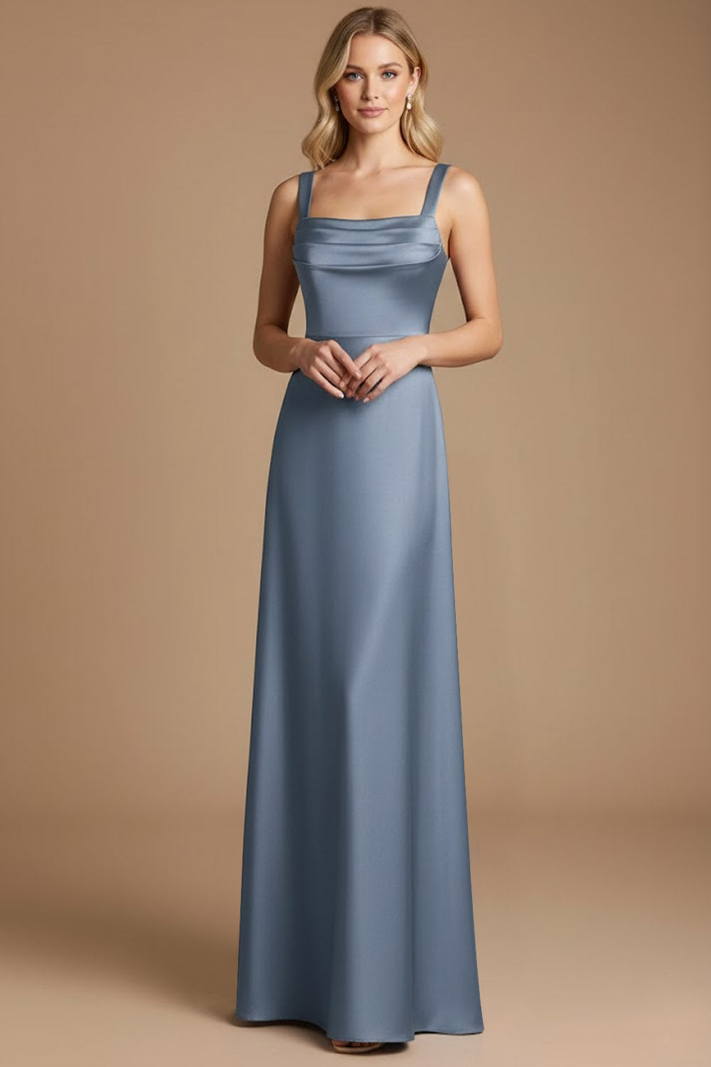 Leely Women Dusty Blue Satin A Line Long Evening Dress Thick Straps Ruched Formal Dress