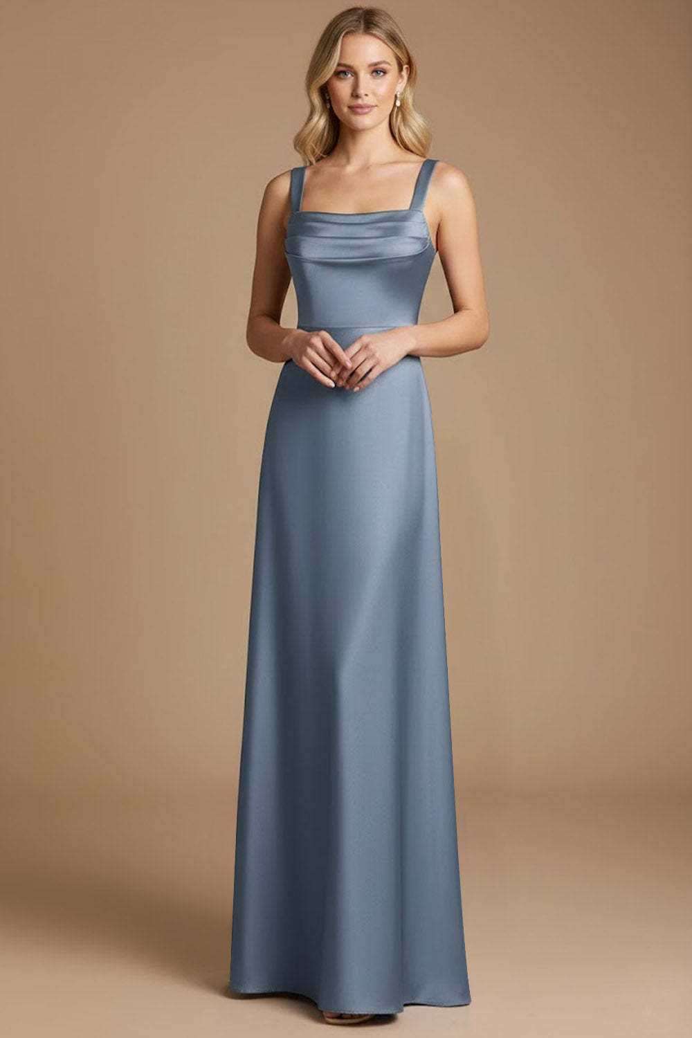 Leely Women Dusty Blue Satin A Line Long Evening Dress Thick Straps Ruched Formal Dress