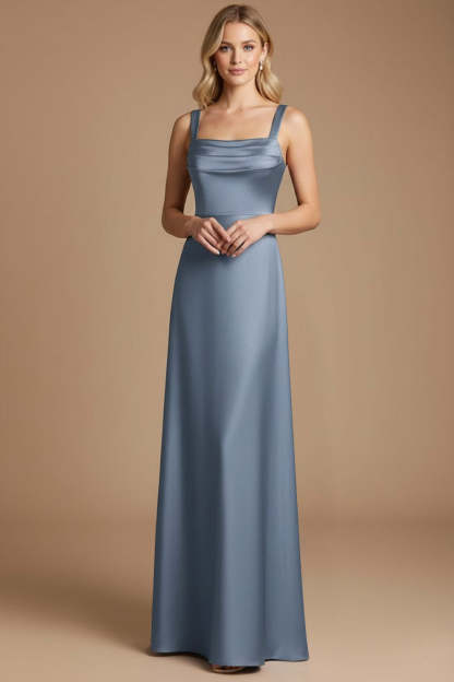 Leely Women Dusty Blue Satin A Line Long Evening Dress Thick Straps Ruched Formal Dress