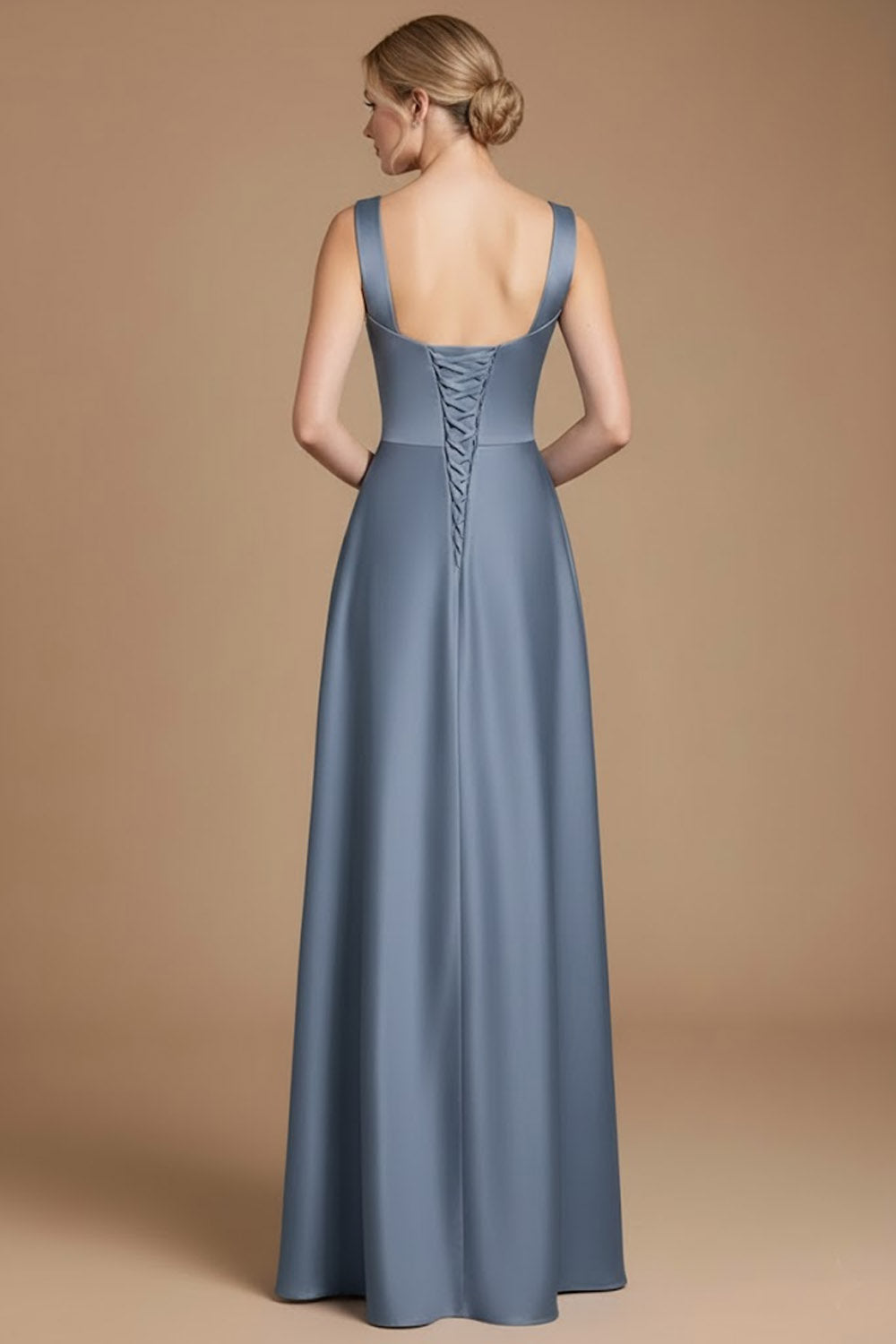 Dusty Blue Satin A Line Thick Straps Long Evening Dress