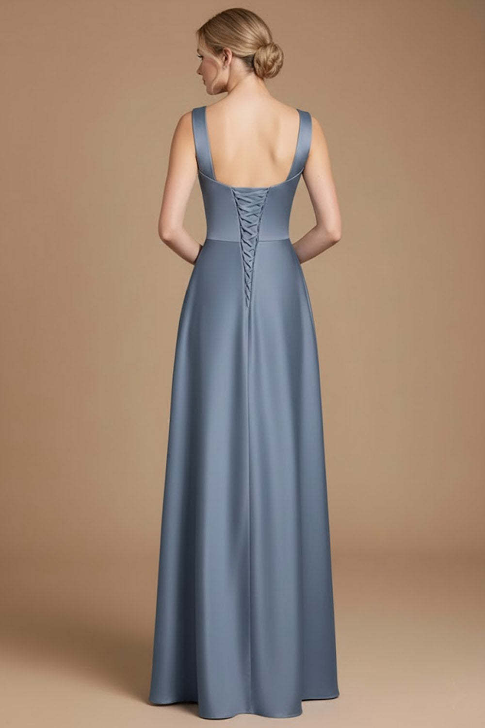 Dusty Blue Satin A Line Thick Straps Long Evening Dress