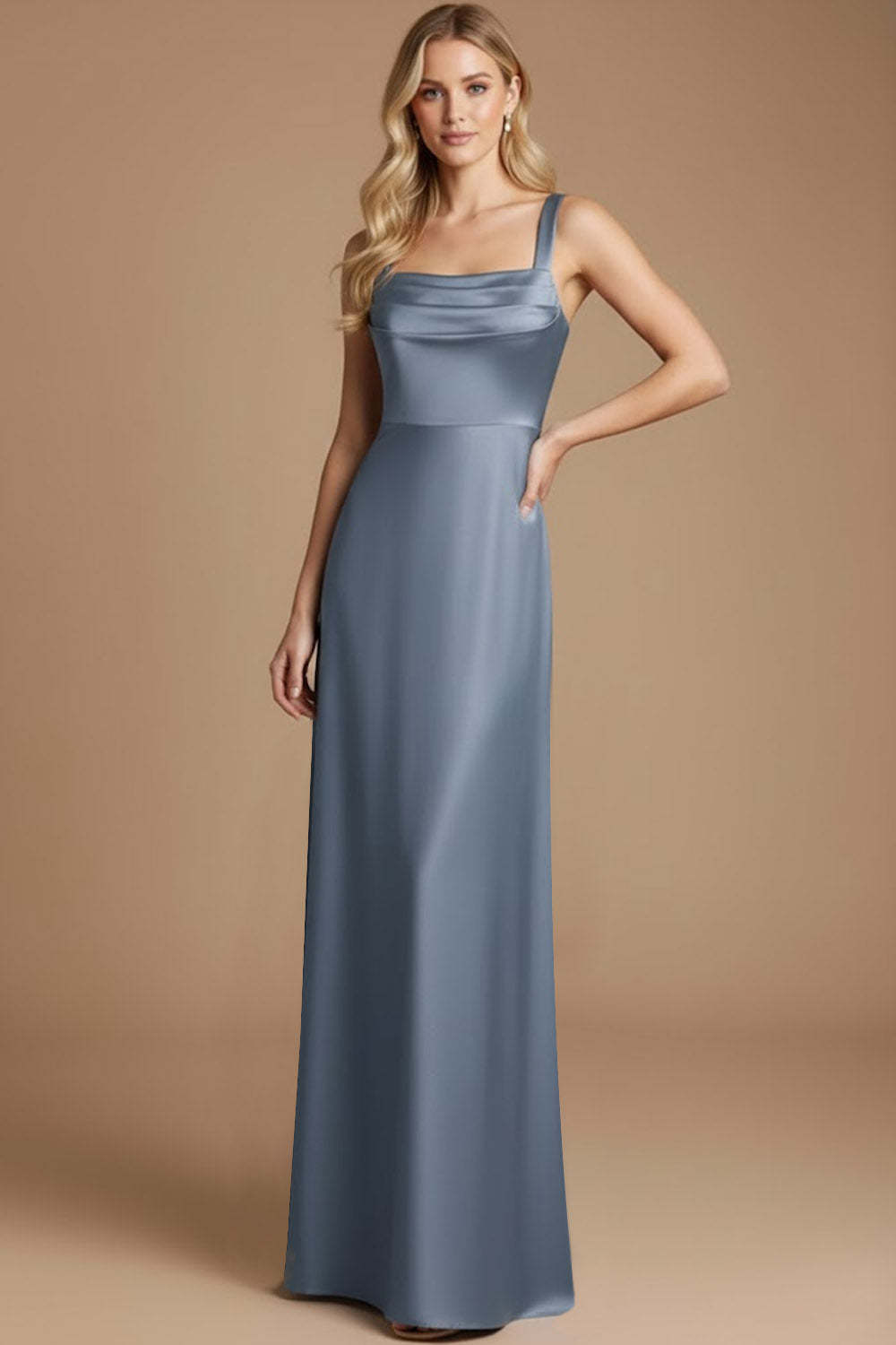 Dusty Blue Satin A Line Thick Straps Long Evening Dress