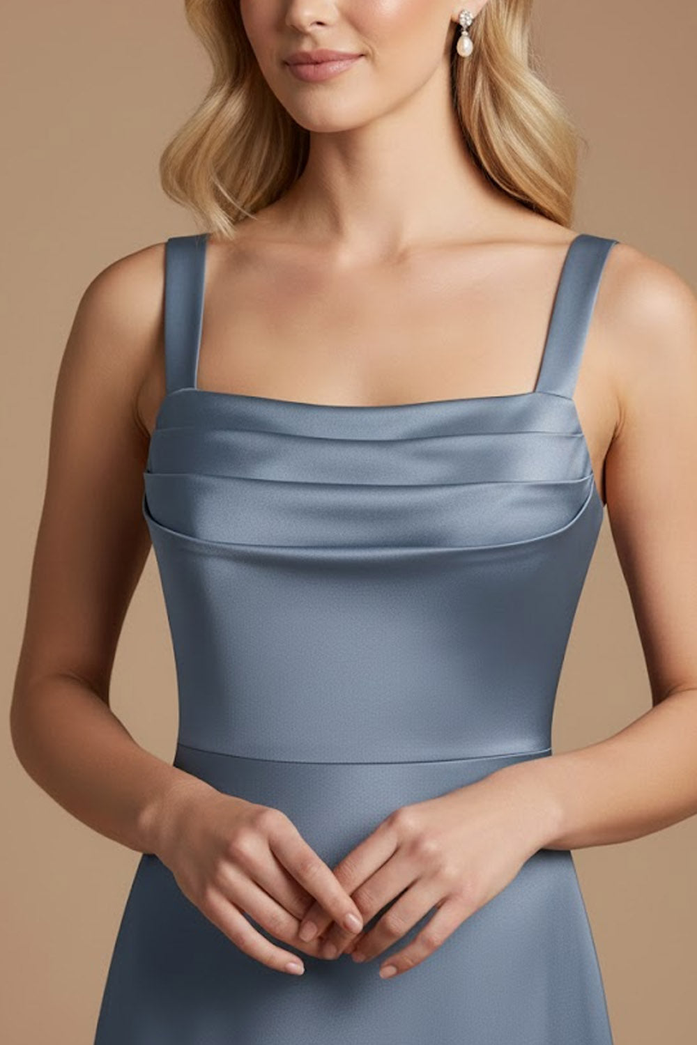 Dusty Blue Satin A Line Thick Straps Long Evening Dress