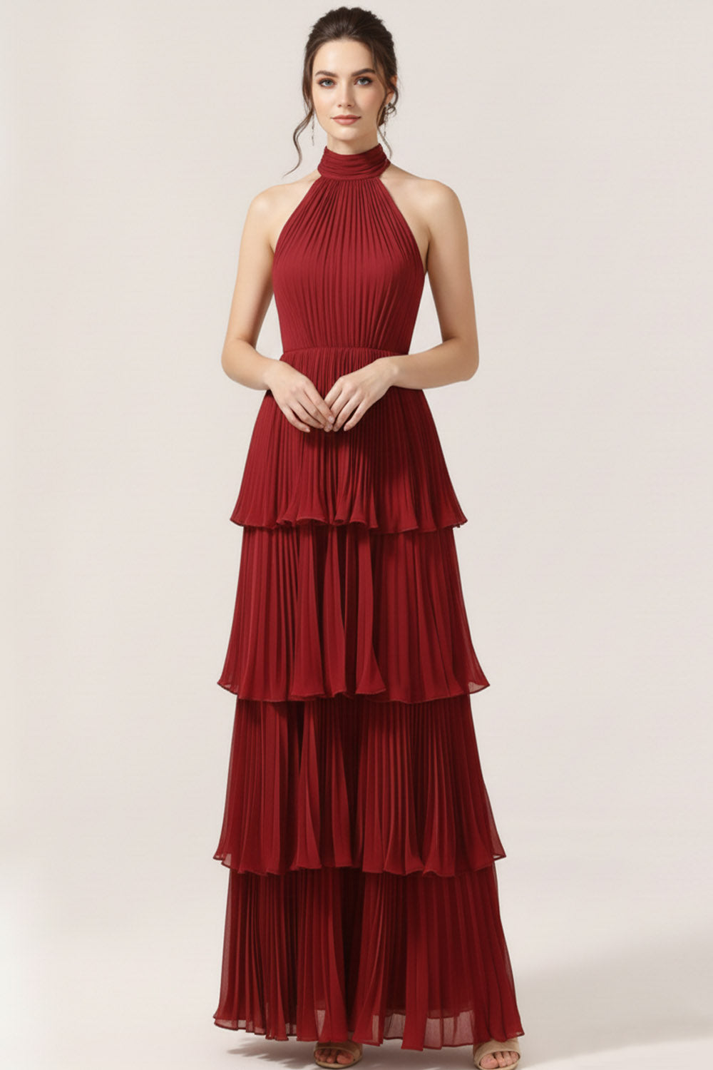 Leely Women Burgundy Chiffon Tiered Long Bridesmaid Dress with Ruffles Pleated Backless High Neck Sheath Wedding Guest Dress