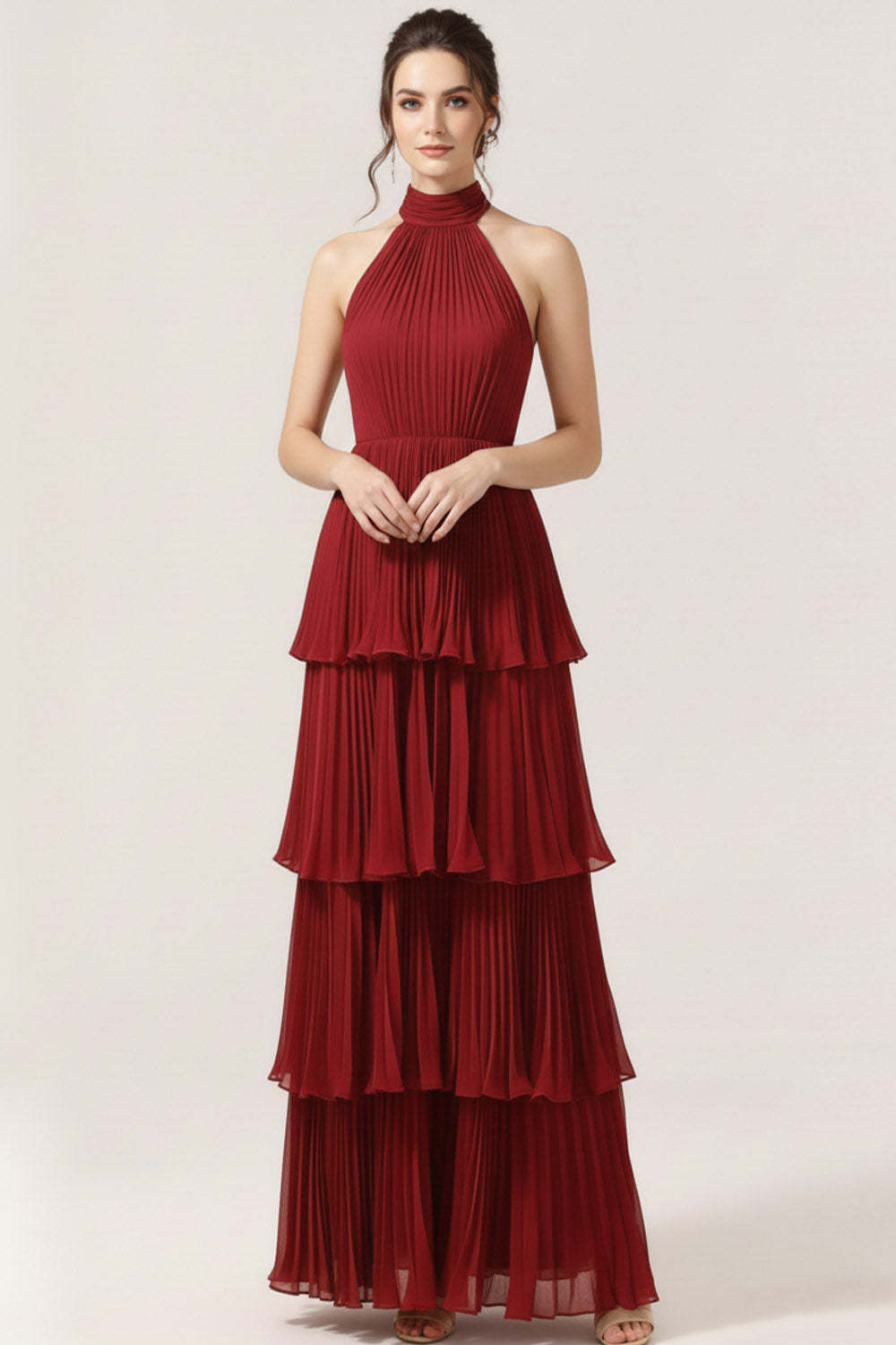 Leely Women Burgundy Chiffon Tiered Long Bridesmaid Dress with Ruffles Pleated Backless High Neck Sheath Wedding Guest Dress