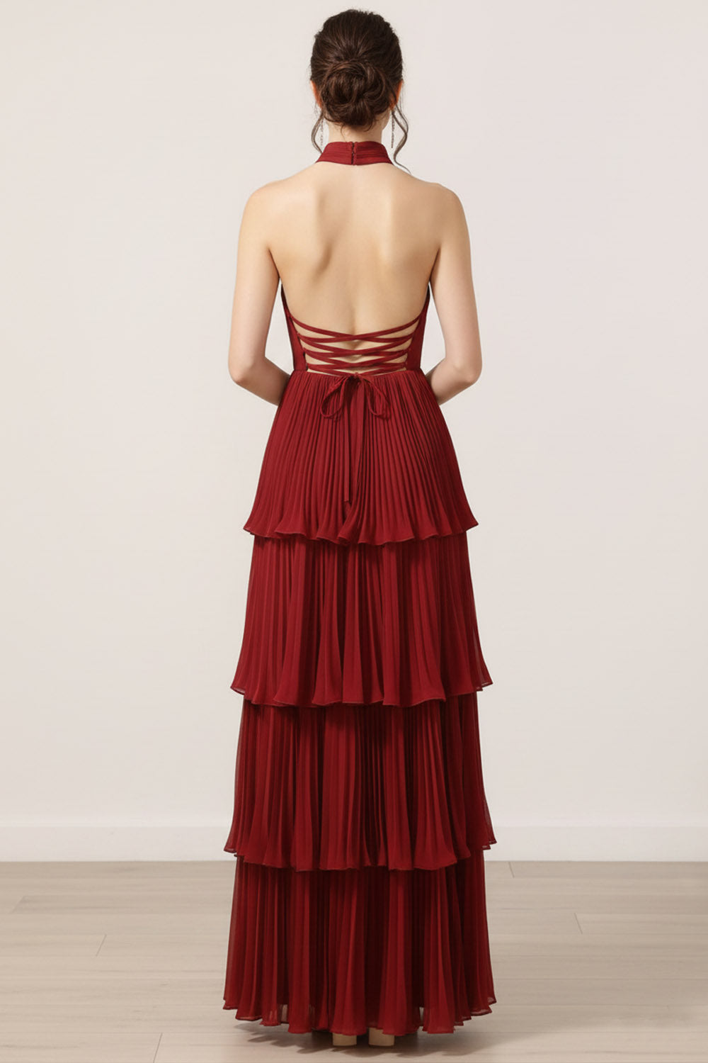 Burgundy Chiffon Tiered Backless Pleated Long Bridesmaid Dress with Ruffles