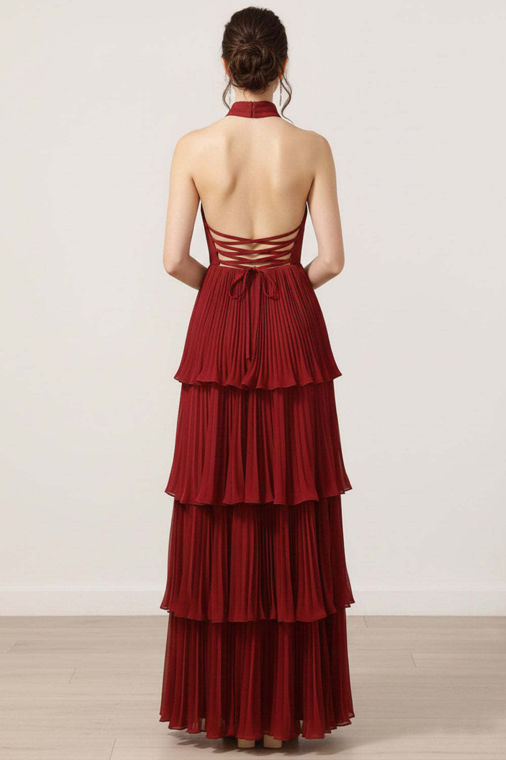 Burgundy Chiffon Tiered Backless Pleated Long Bridesmaid Dress with Ruffles