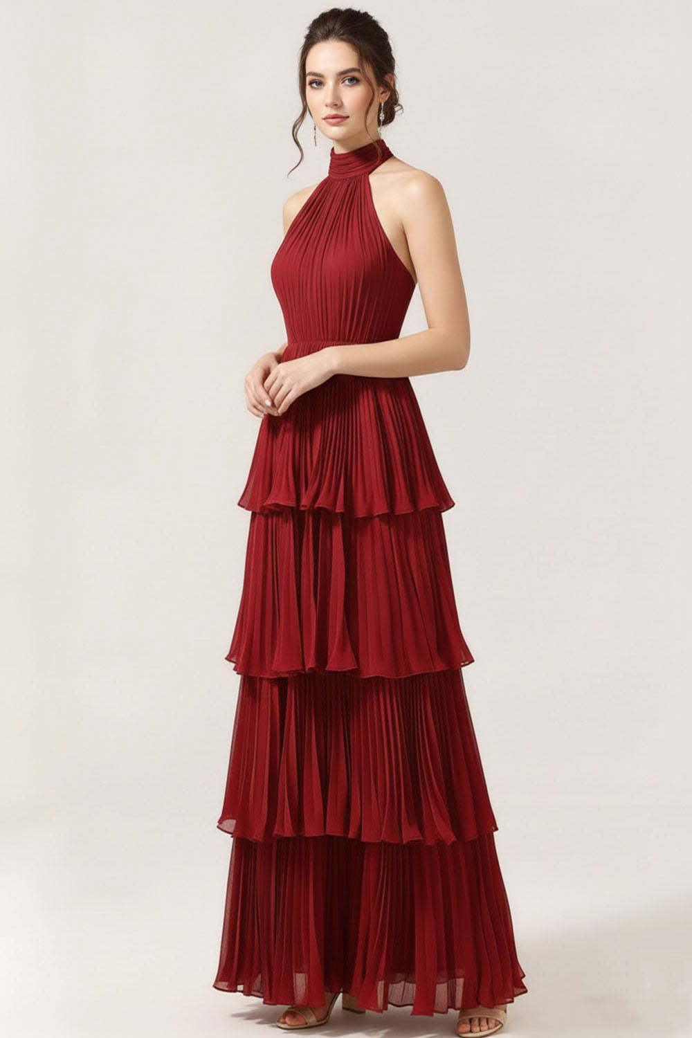 Burgundy Chiffon Tiered Backless Pleated Long Bridesmaid Dress with Ruffles