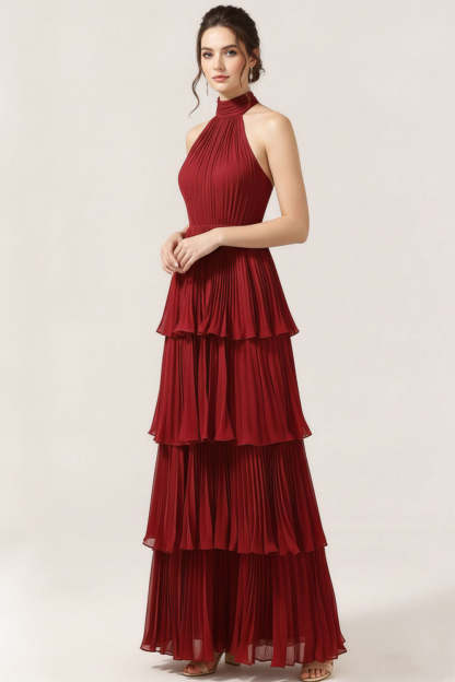 Burgundy Chiffon Tiered Backless Pleated Long Bridesmaid Dress with Ruffles