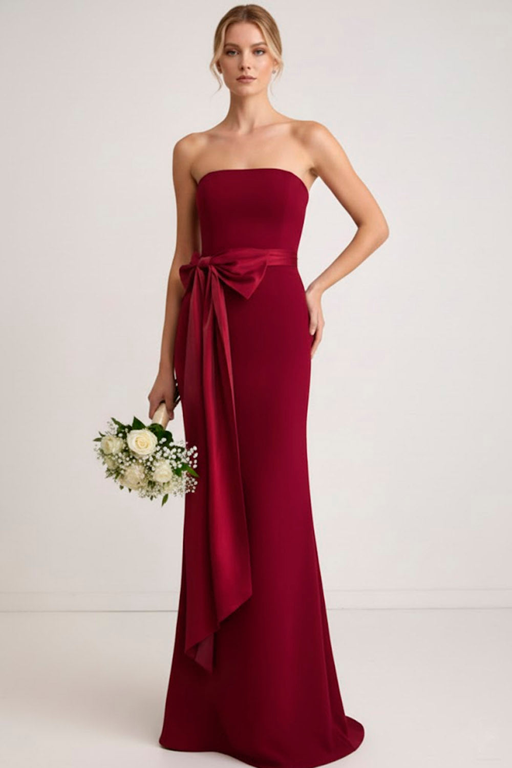 Burgundy Strapless Mermaid Long Bridesmaid Dress with Bow