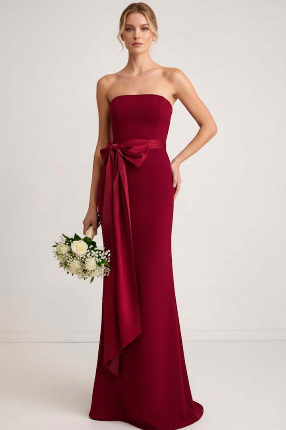 Leely Women Burgundy Mermaid Long Bridesmaid Dress with Bow Backless Strapless Wedding Guest Dress