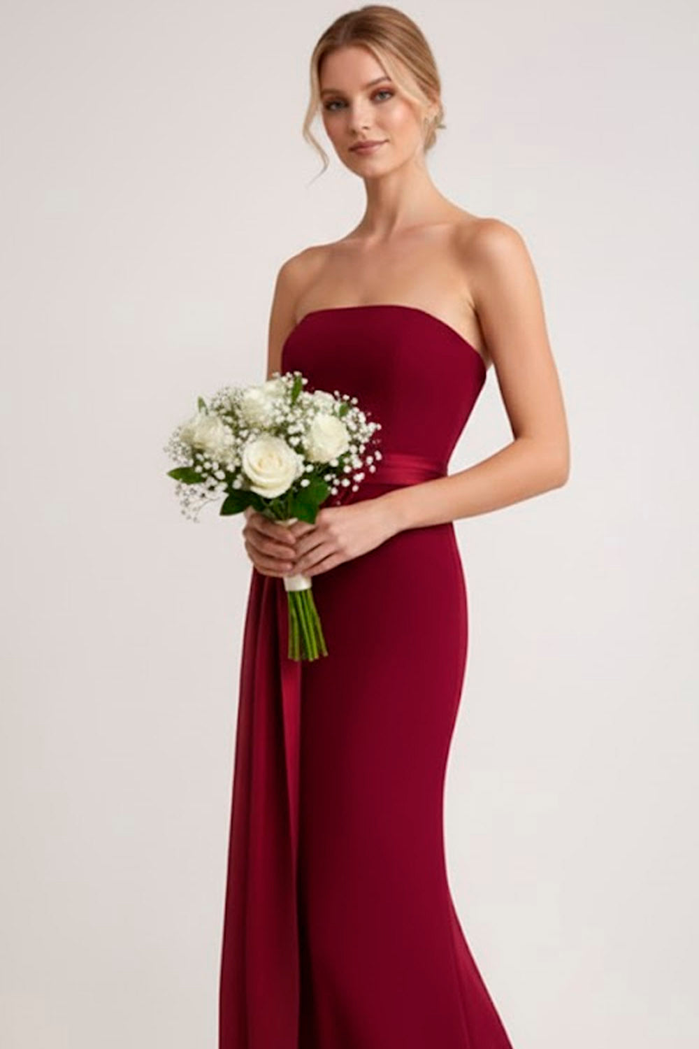 Burgundy Strapless Mermaid Long Bridesmaid Dress with Bow