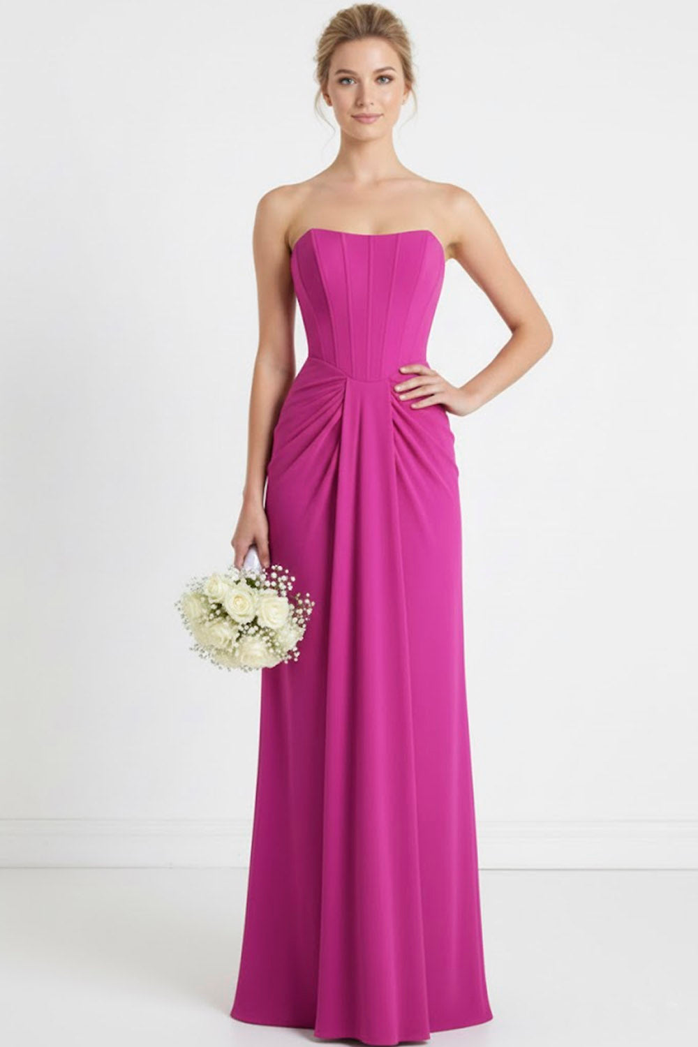 Leely Women Fuchsia Sheath Long Corset Bridesmaid Dress Ruched Strapless Backless Wedding Guest Dress