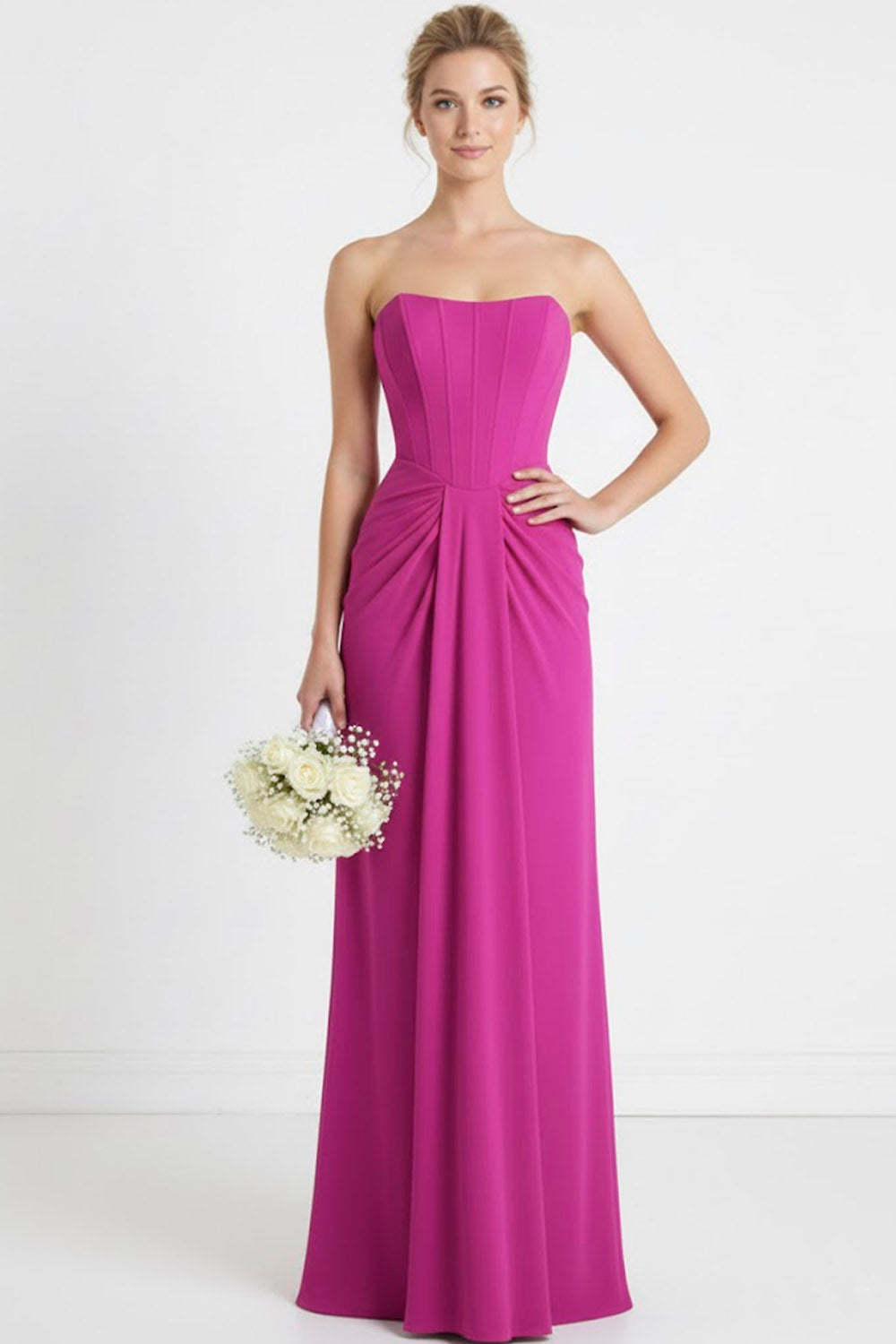 Leely Women Fuchsia Sheath Long Corset Bridesmaid Dress Ruched Strapless Backless Wedding Guest Dress