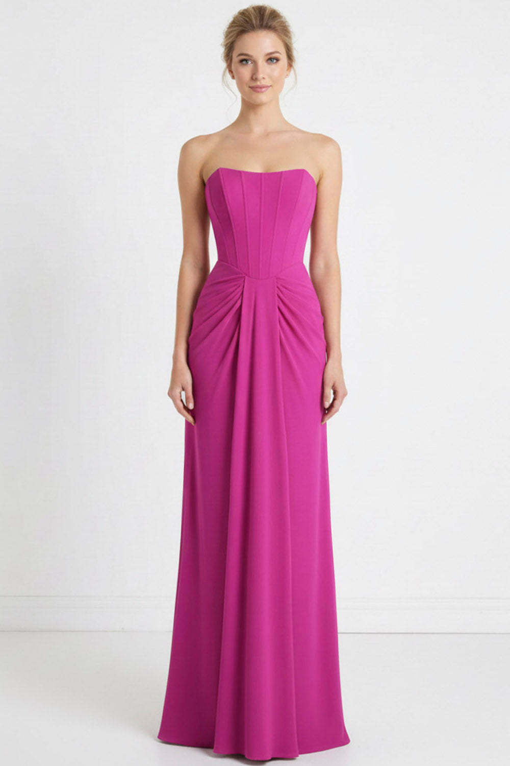 Fuchsia Sheath Ruched Long Corset Bridesmaid Dress