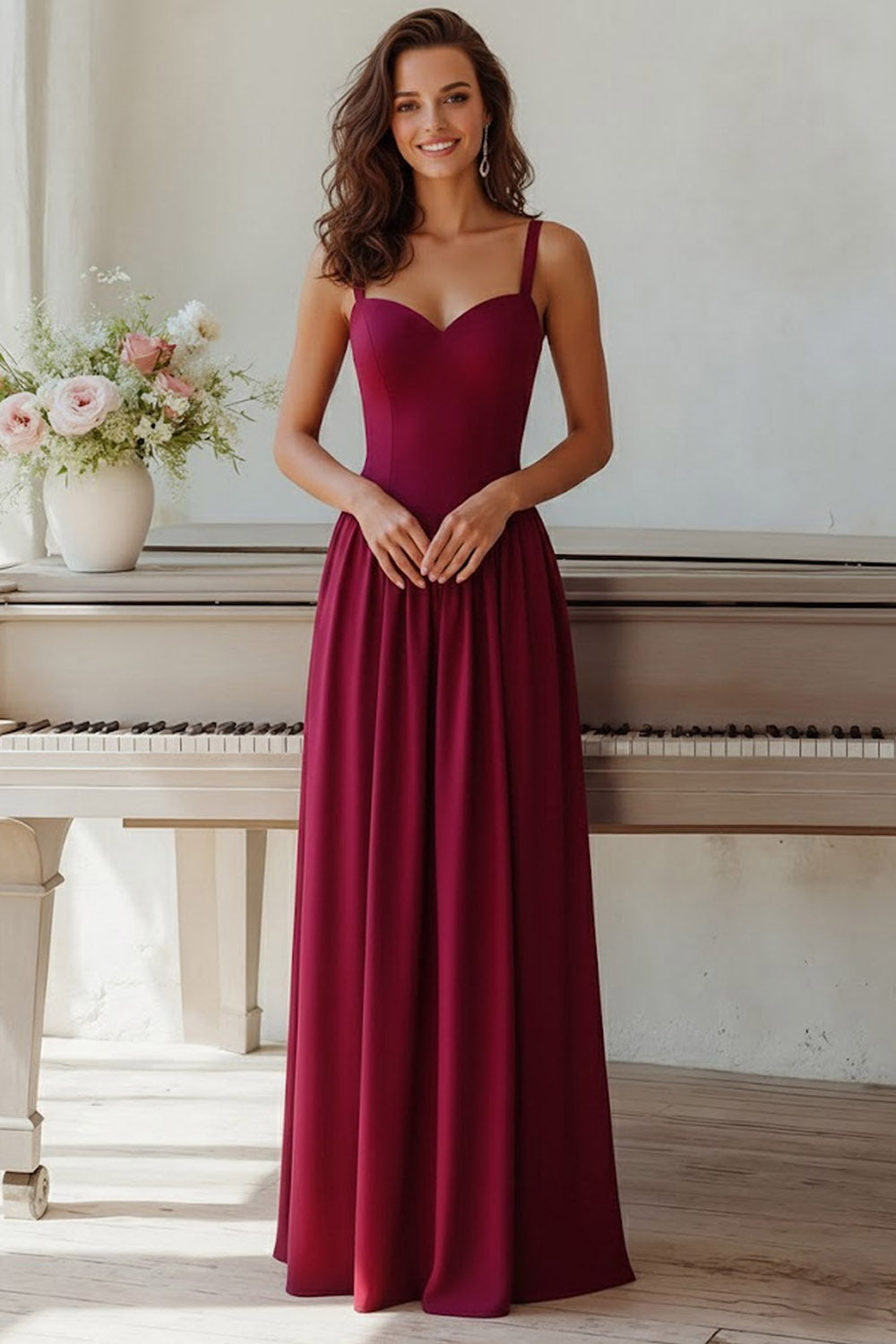 Burgundy Spaghetti Straps A Line Long Bridesmaid Dress