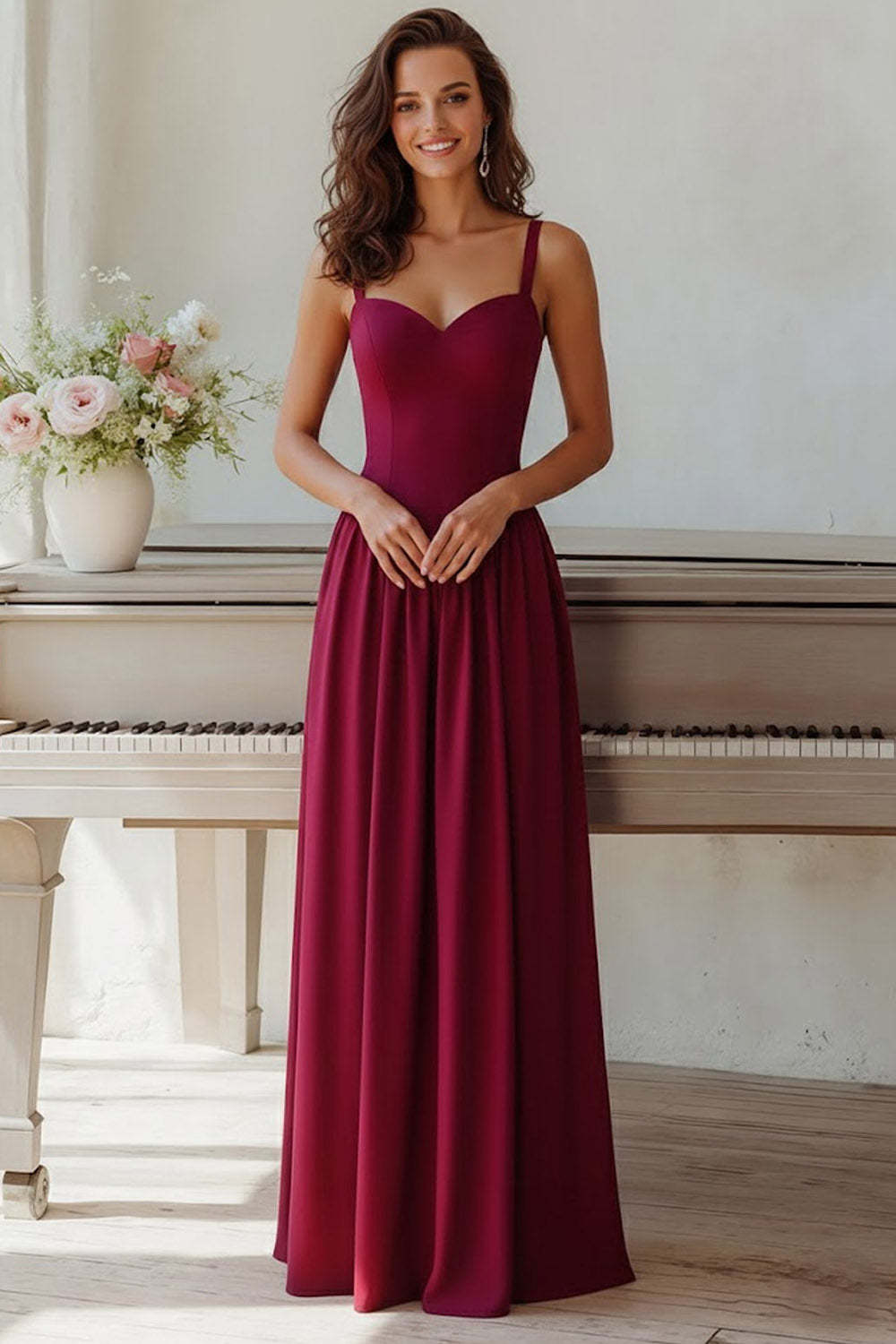 Leely Women Burgundy A Line Long Bridesmaid Dress Backless Spaghetti Straps Wedding Guest Dress