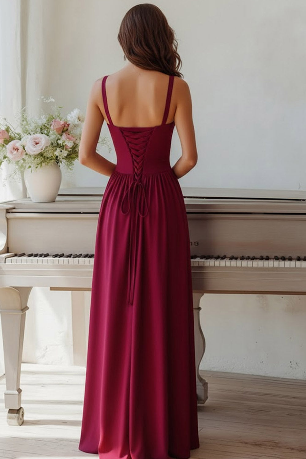Burgundy Spaghetti Straps A Line Long Bridesmaid Dress