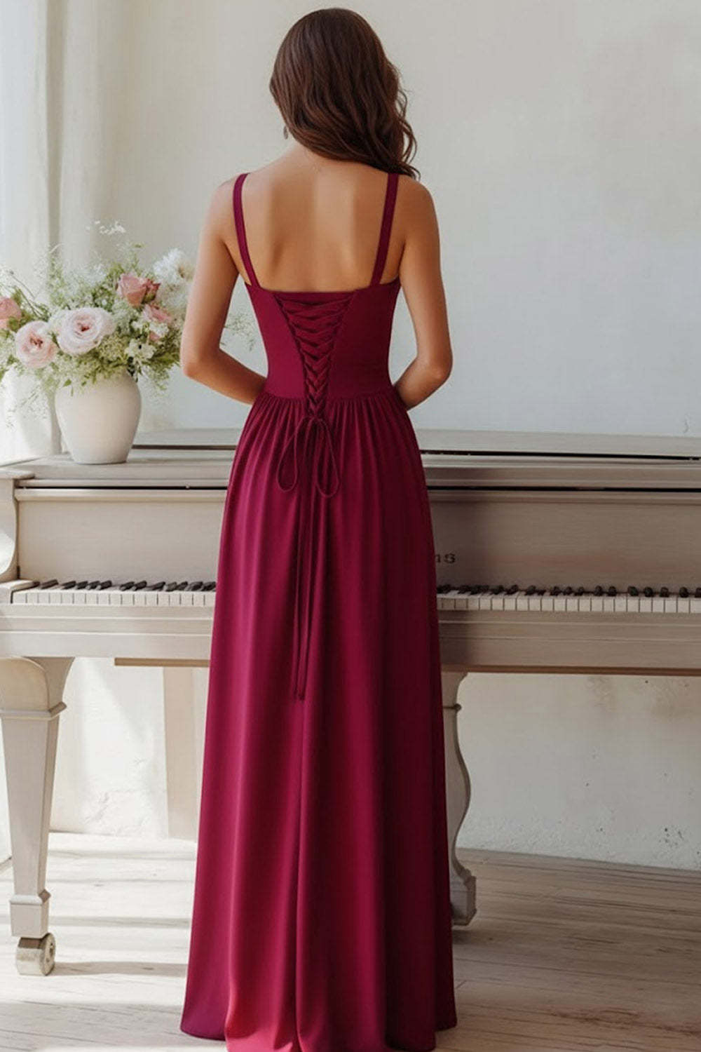 Burgundy Spaghetti Straps A Line Long Bridesmaid Dress