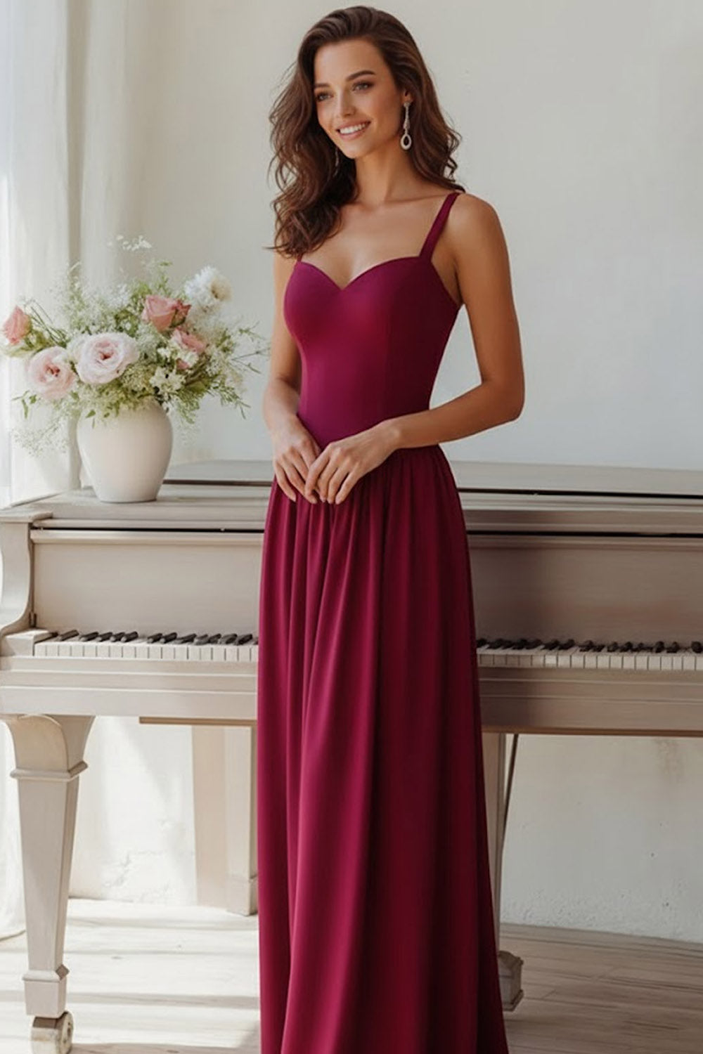 Burgundy Spaghetti Straps A Line Long Bridesmaid Dress