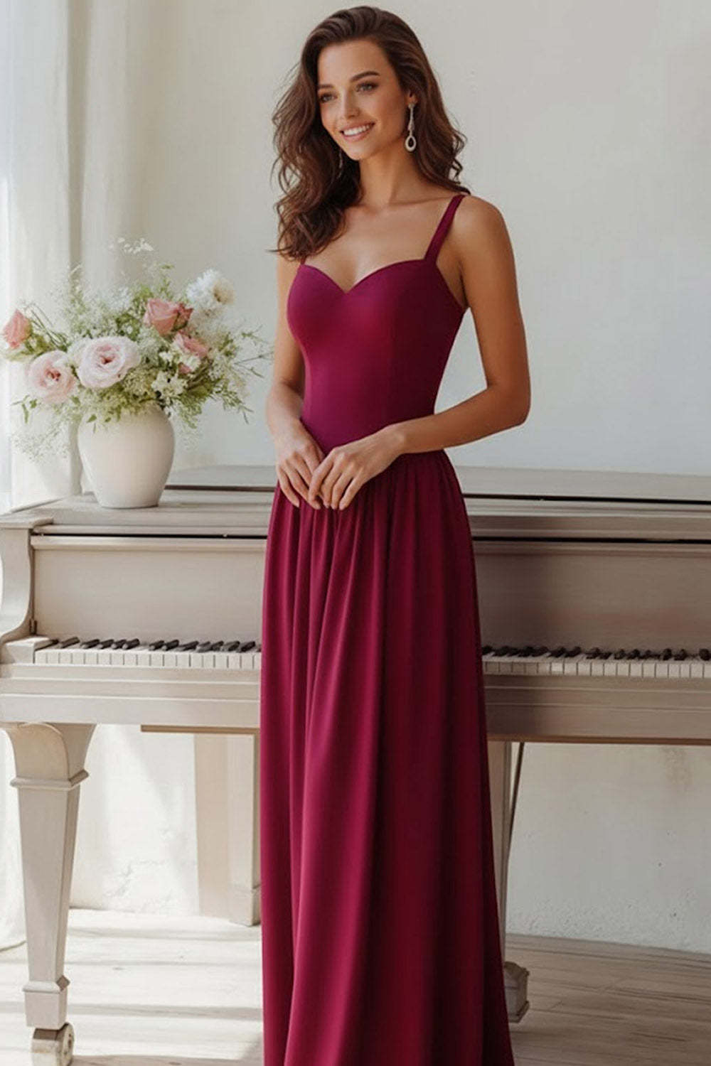 Burgundy Spaghetti Straps A Line Long Bridesmaid Dress