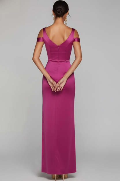 Fuchsia Cold Shoulder Satin Sheath Wedding Guest Dress