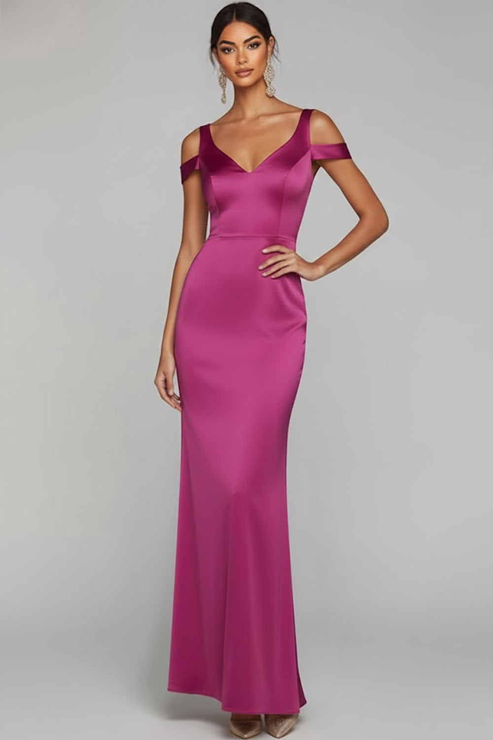 Leely Women Fuchsia Satin Sheath Wedding Guest Dress Cold Shoulder Wedding Party Dress