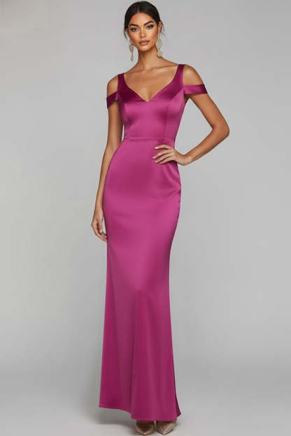 Fuchsia Cold Shoulder Satin Sheath Wedding Guest Dress