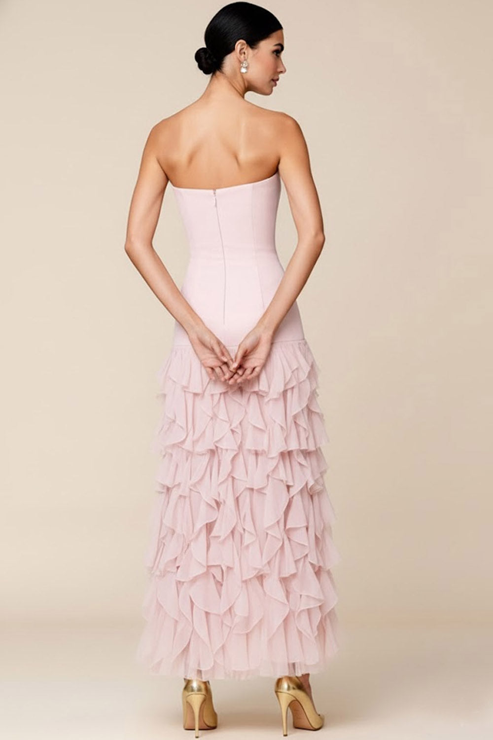 Light Pink Strapless Chiffon Long Bridesmaid Dress with Slit