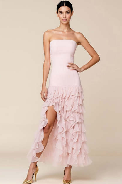 Light Pink Strapless Chiffon Long Bridesmaid Dress with Slit