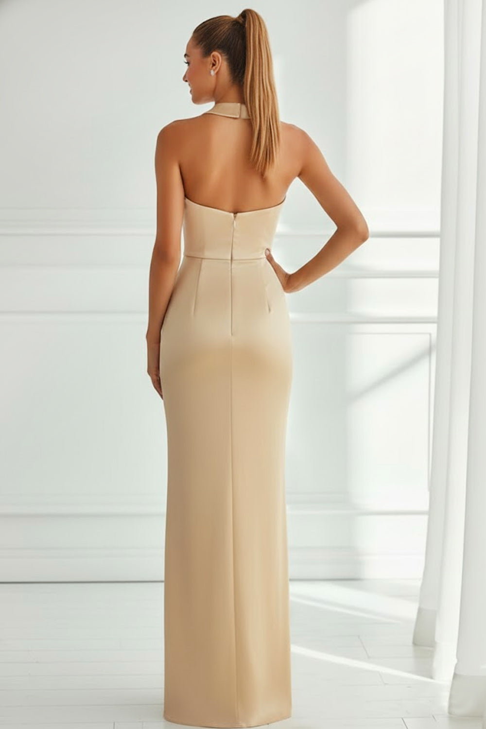 Champagne Satin Mermaid Halter Neck Long Bridesmaid Dress
