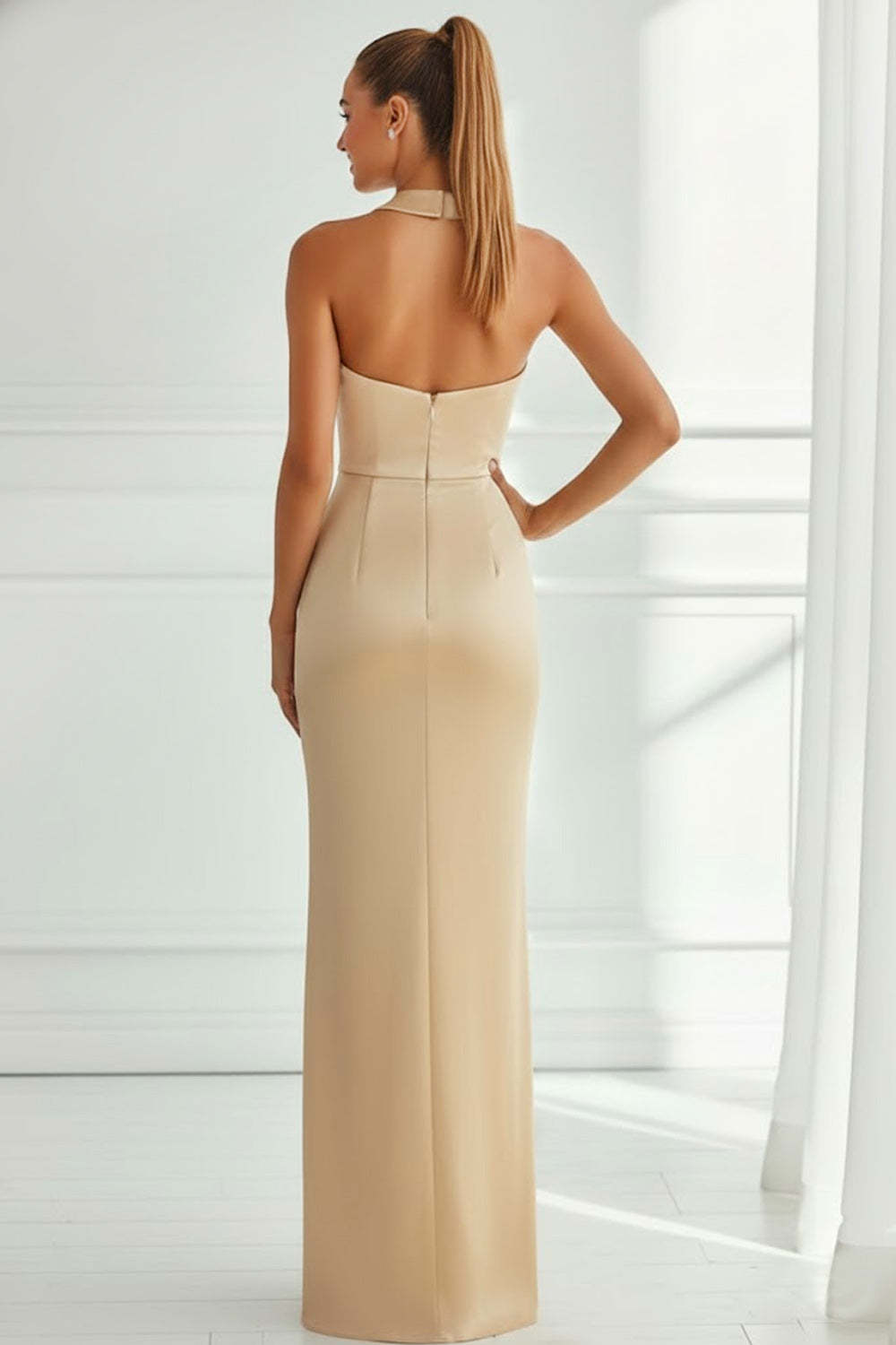 Champagne Satin Mermaid Halter Neck Long Bridesmaid Dress