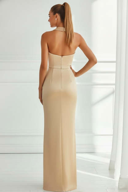 Champagne Satin Mermaid Halter Neck Long Bridesmaid Dress