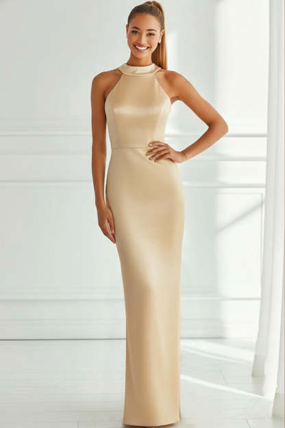 Champagne Satin Mermaid Halter Neck Long Bridesmaid Dress