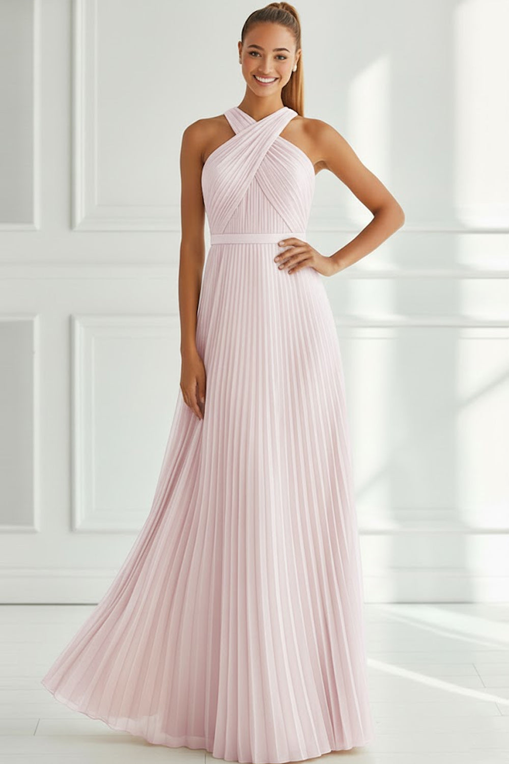 Light Pink Chiffon Pleated Criss Cross Neck Long Bridesmaid Dress