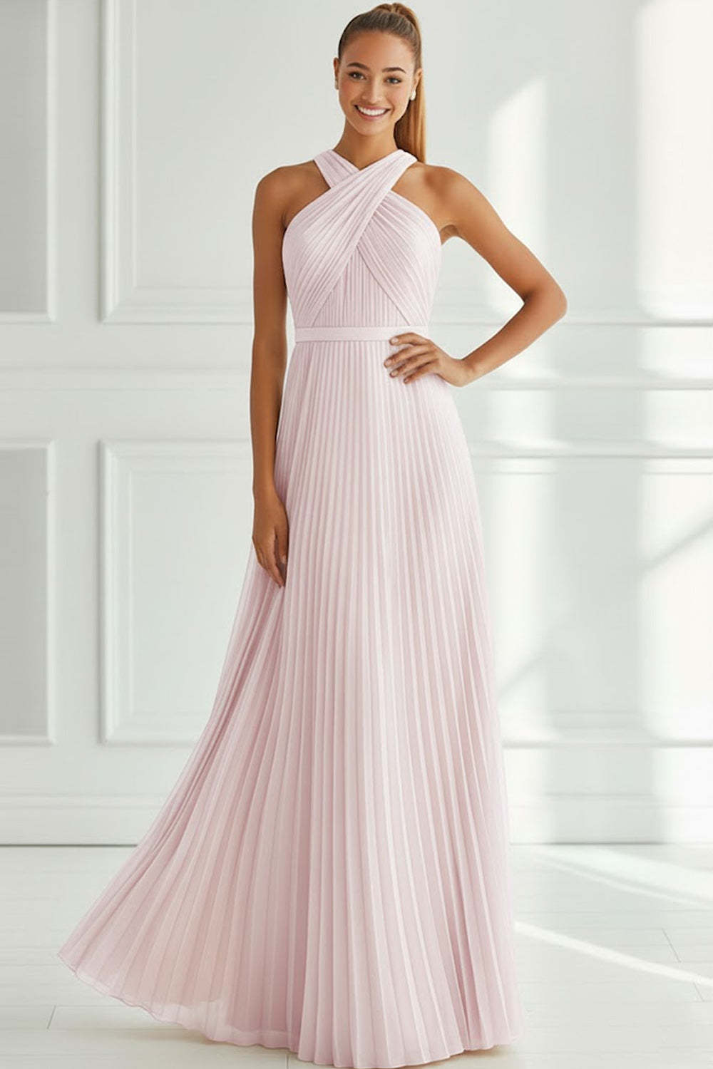 Light Pink Chiffon Pleated Criss Cross Neck Long Bridesmaid Dress